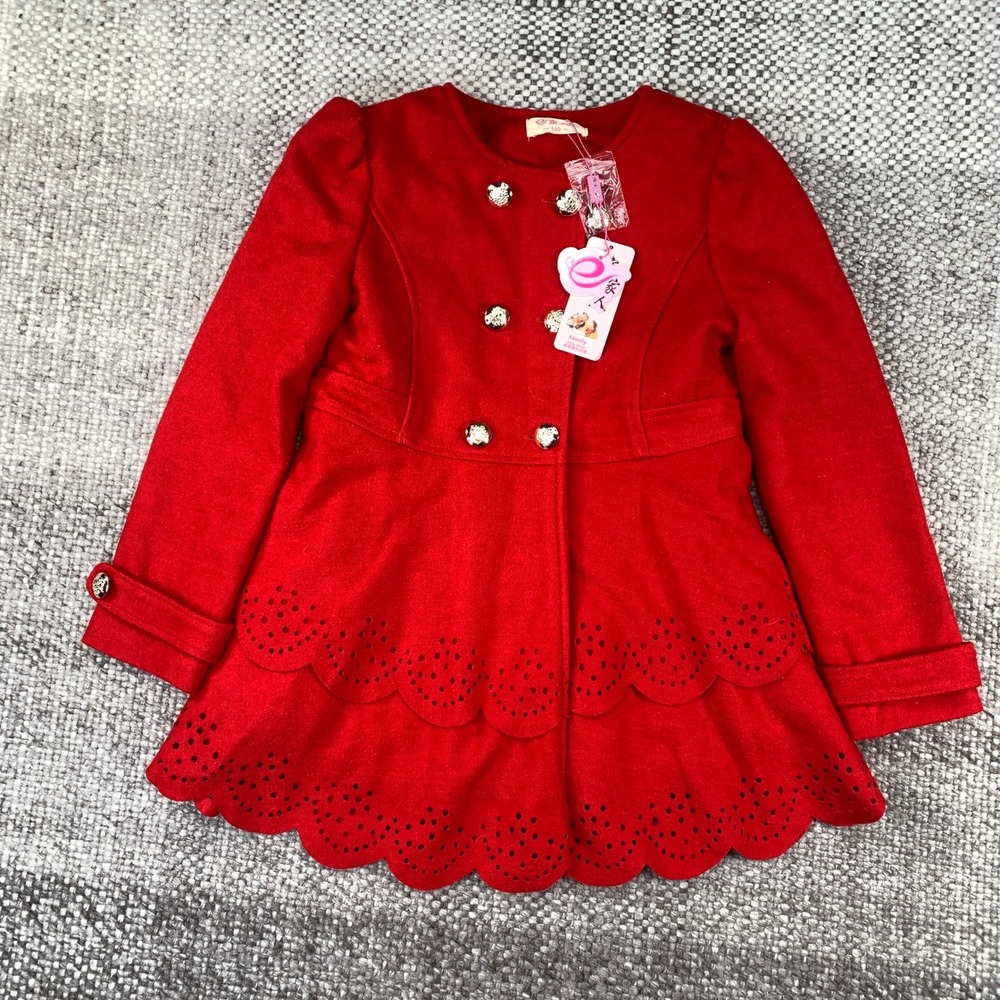 Family Kids Wear Peacoat Girls 140 Red Scalloped Eyelet Fleece Lined Gold Button